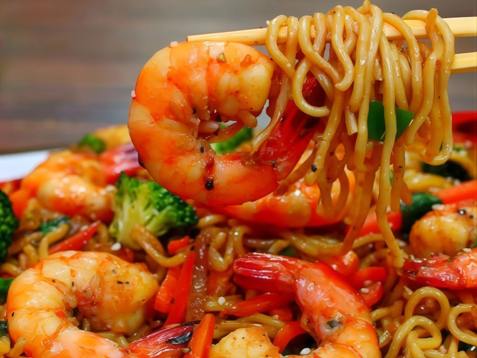 Noodles, shrimp and vegetables. A story in every bite.